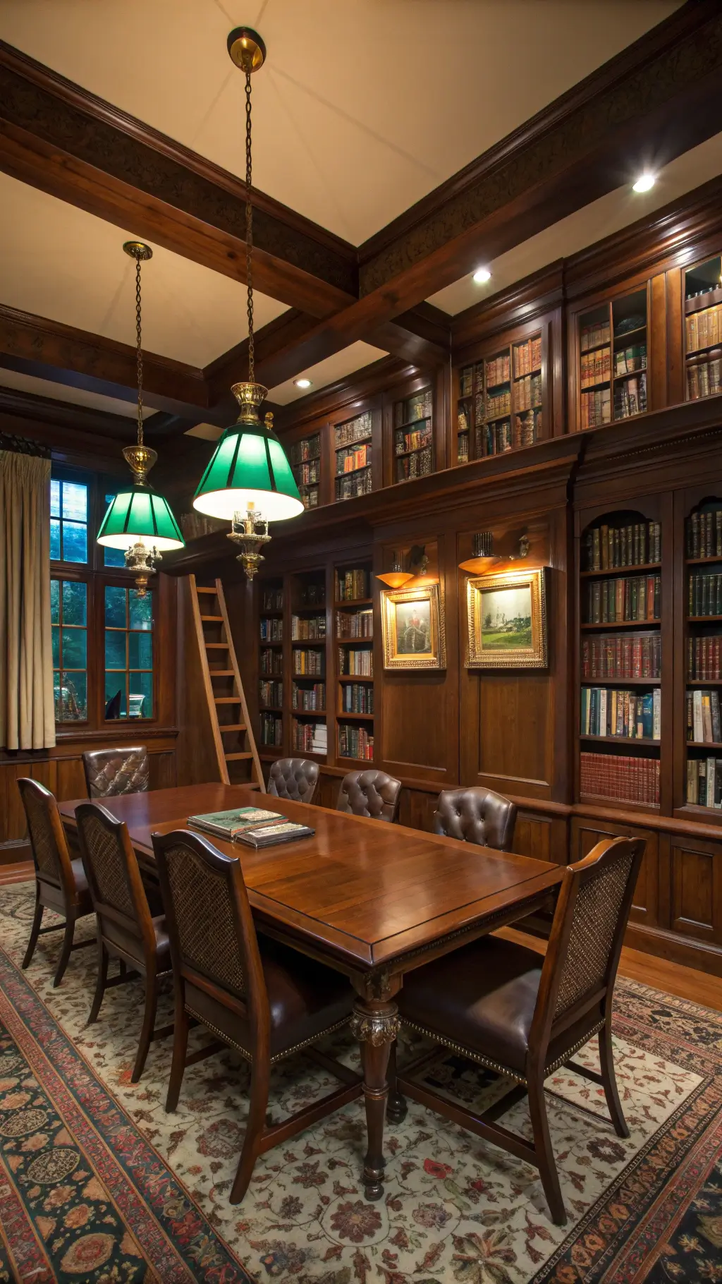 Elegant 14x16ft dining library with Victorian walnut table, leather chairs, floor-to-ceiling bookshelf, gilt-framed oil paintings, Tiffany pendant lamp, and rich-toned Oriental carpet.