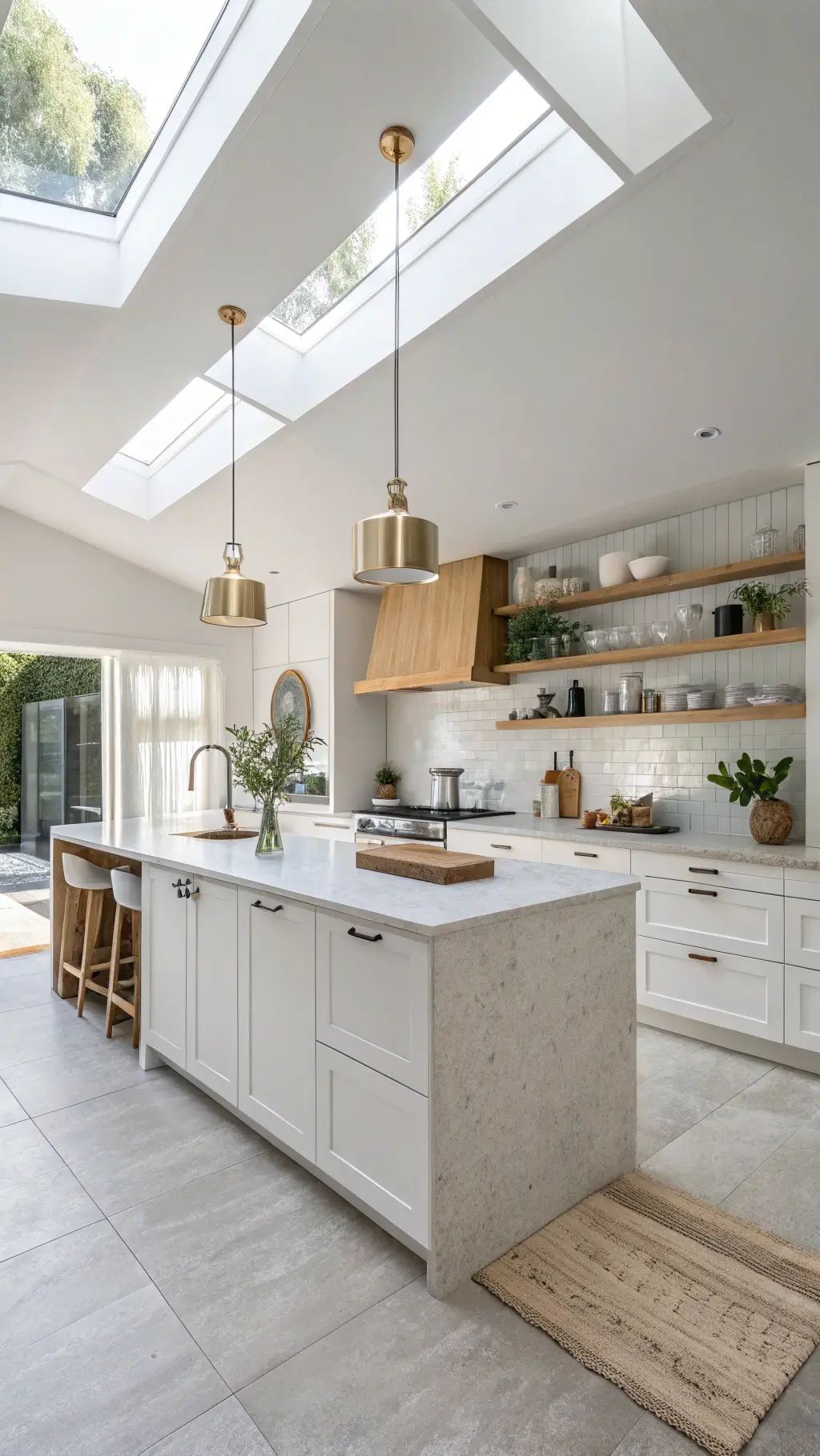 Brightly lit, spacious 16x20ft kitchen with matte white cabinets, white oak open shelves, pale concrete countertops and a central island featuring a waterfall edge, adorned with minimalist brass pendants, white ceramic canisters, wooden cutting boards, and potted herbs.