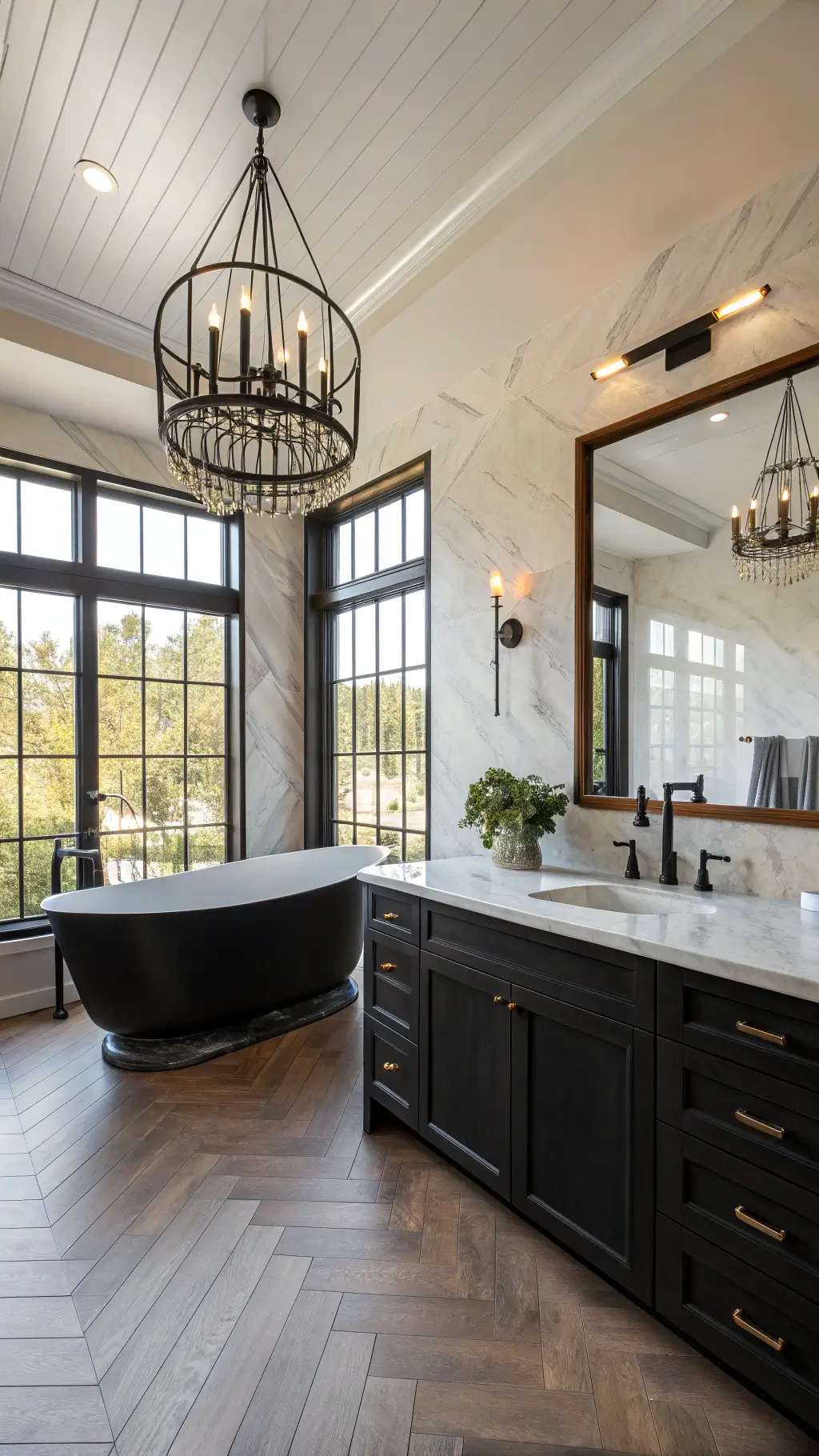 Elegant master bathroom with black marble wall, freestanding soaking tub beneath a modern chandelier, black double vanity with brass hardware, and natural light flooding in from large grid-frame window, captured in 8K resolution.
