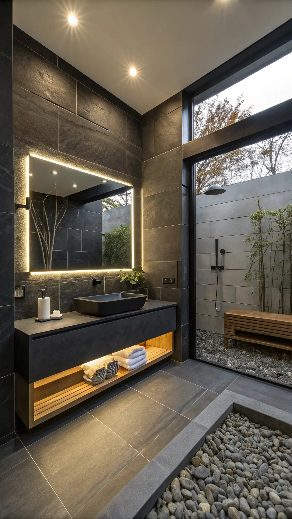 Modern minimalist spa bathroom with black slate shower wall, floating vanity, backlit mirror, teak shower floor, and black pebble floor detail in evening lighting.