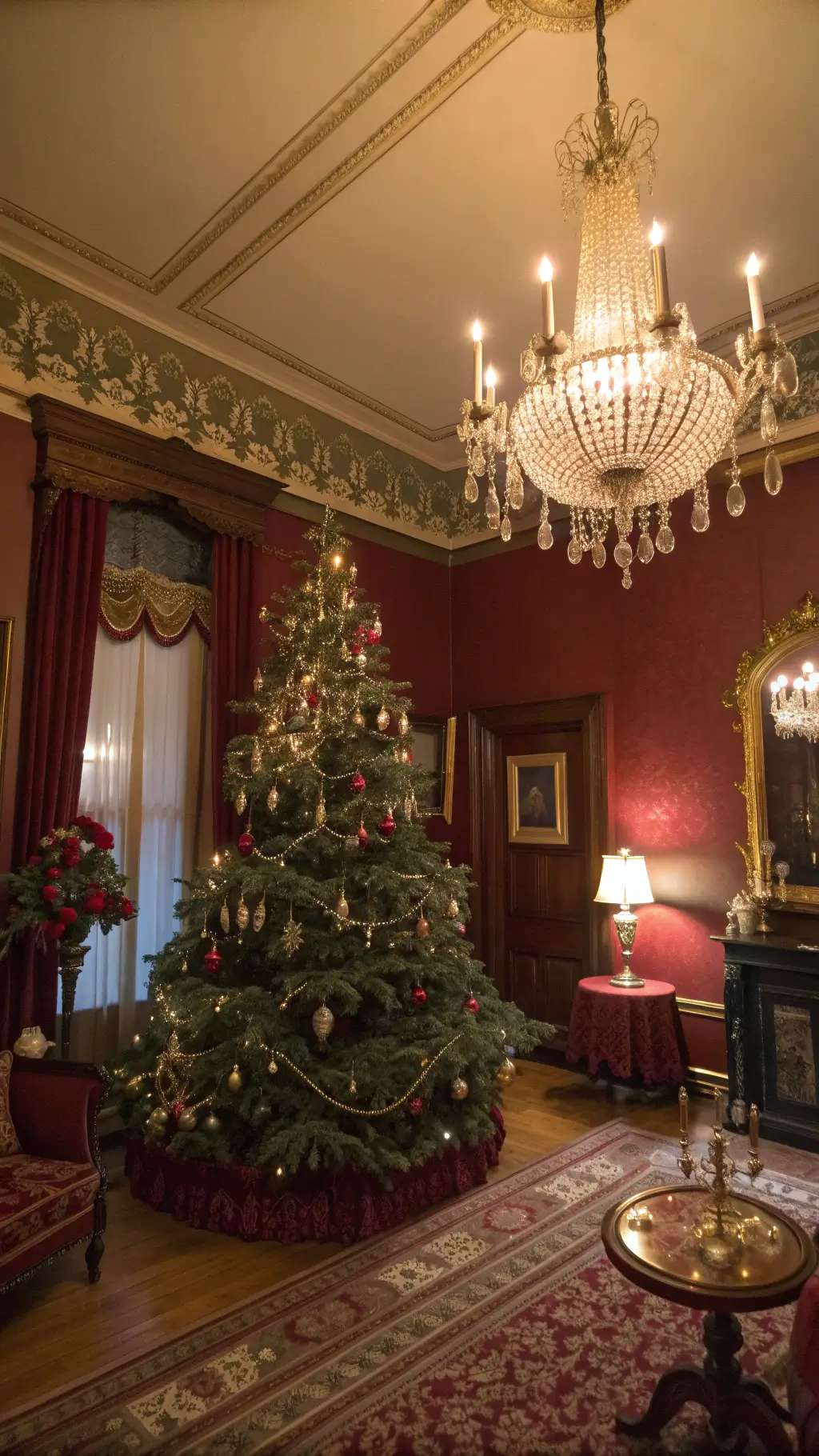 Victorian parlor at twilight with a traditional Christmas tree decorated with heirloom ornaments, antique brass floor lamps, a crystal chandelier, jewel-toned velvet furniture, and an ornate gold mirror reflecting tree lights.