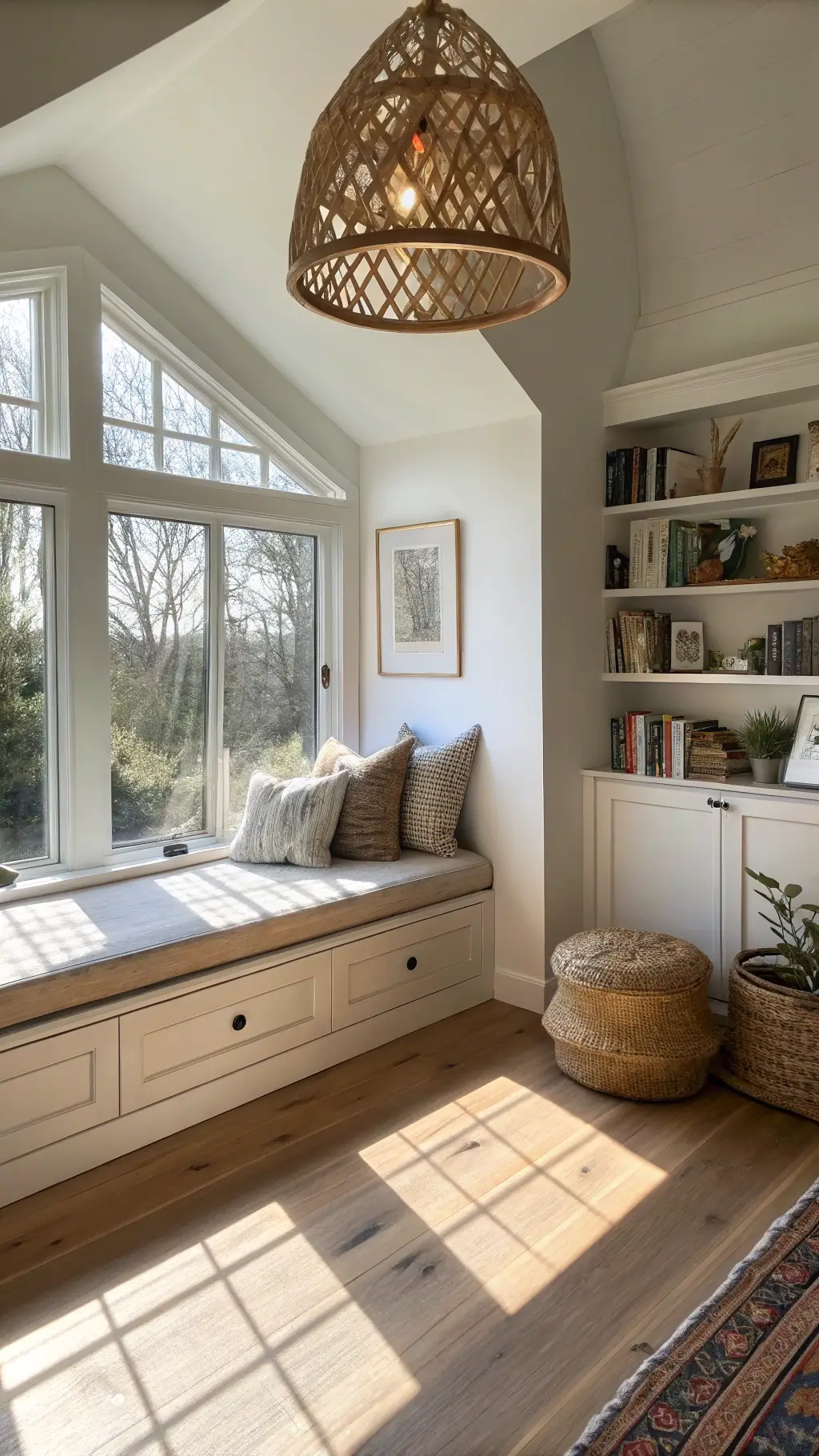 Cozy bedroom alcove with window seat, linen cushions, oak floors, natural fiber pendant, pottery, and art books in afternoon sunlight.