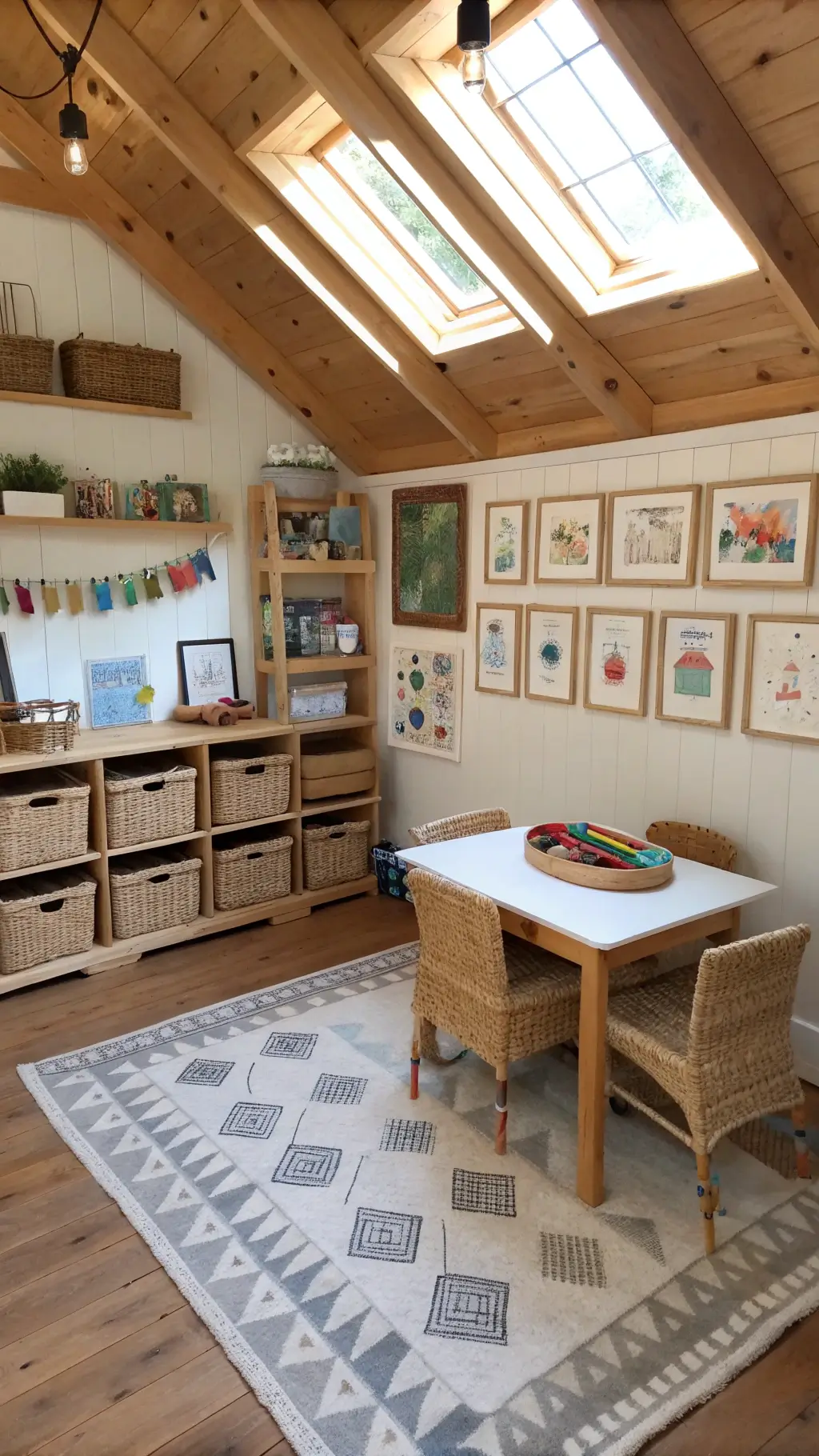 Child-friendly eco-friendly creative corner featuring a rattan craft table, art supplies on open shelves, a wool rug and children's artwork on a wall, bathed in morning light from skylights.