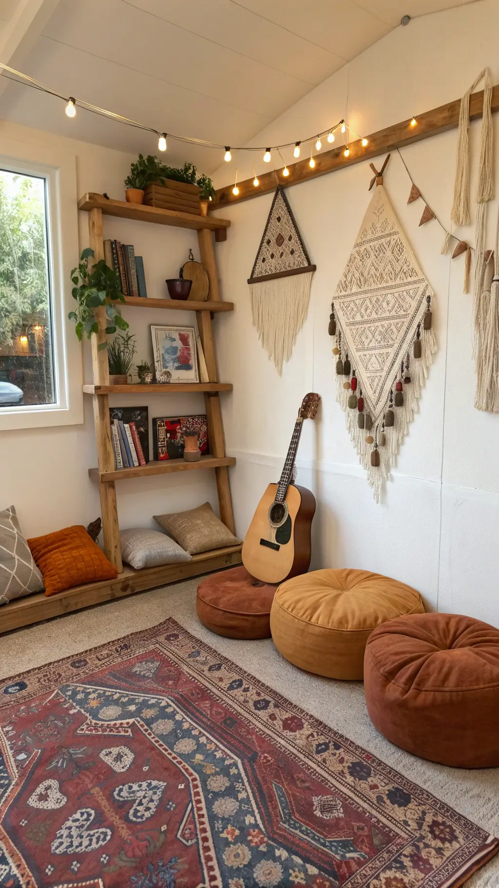 Cozy 8x8ft children's music area with floating wooden shelves displaying small instruments, vintage Persian rug, macramé wall hanging, earth-toned floor pillows, and warm LED sconces, shot at 50mm in natural light.