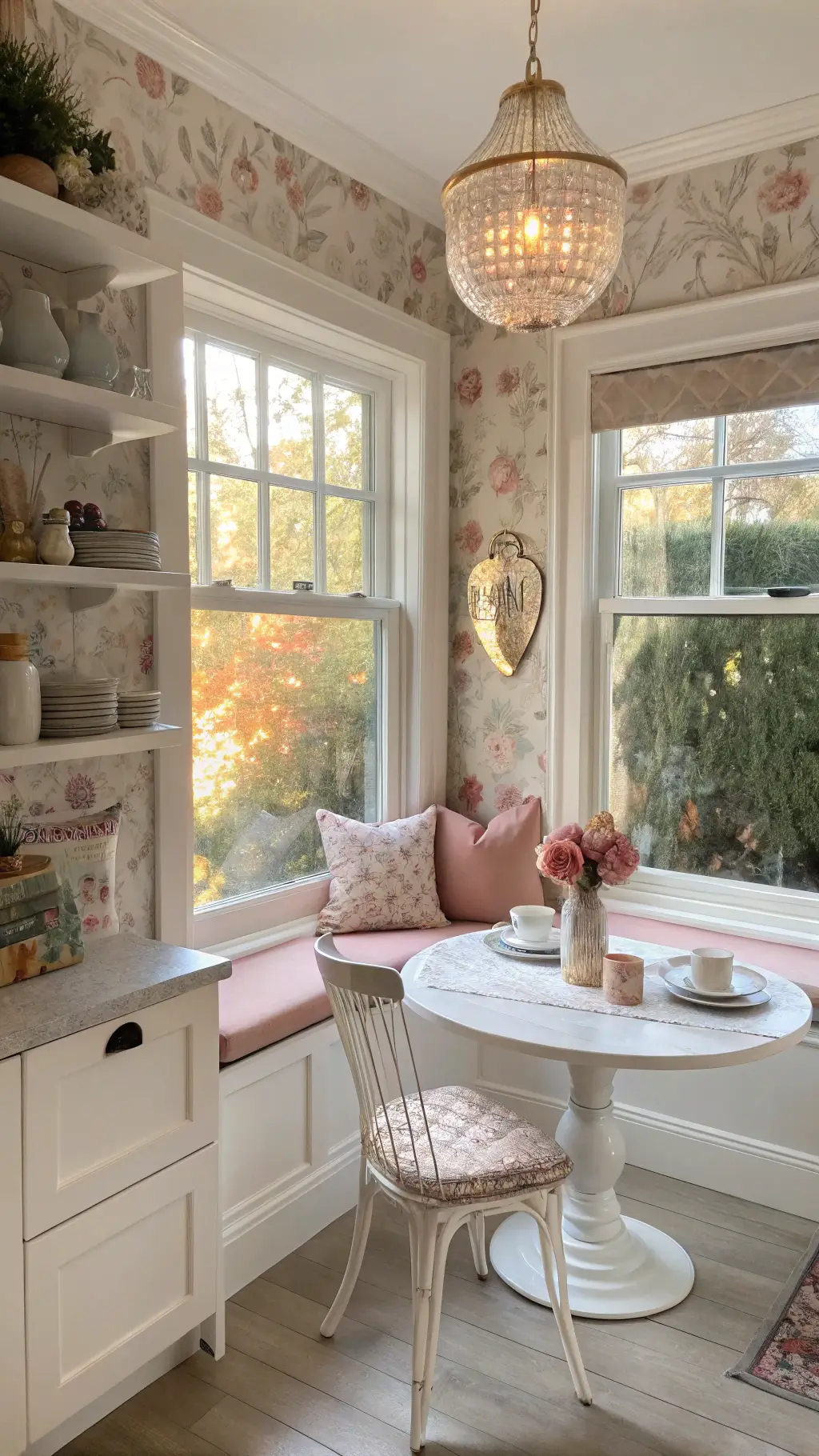Cozy breakfast nook in kitchen alcove with bay window, blush pink cushions, white table, vintage teacups on wooden shelves, rose-patterned wallpaper, crystal pendant light, and vintage runner on white floor during golden hour