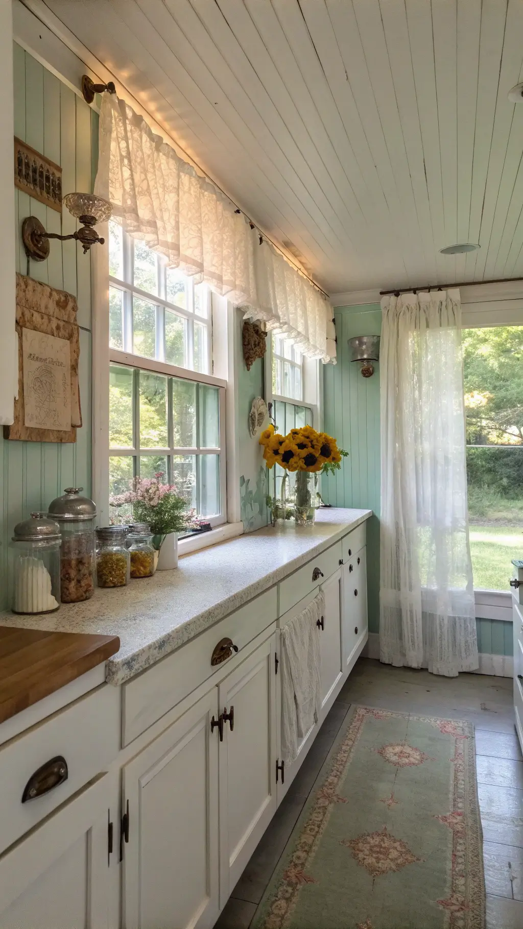Cozy 10x12ft galley kitchen with white beadboard ceiling, mint walls, antique brass hardware, vintage mason jars with dried flowers on the window sill, shabby chic cabinet with peeling paint, ruffled linen curtains with garden view and worn butcher block countertops bathed in morning light