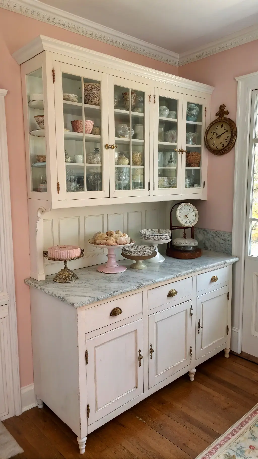 Early morning light illuminating a whimsical corner baker's station in a large kitchen with pale pink walls, distressed white hutch filled with vintage cake stands and bowls, and a marble-topped baking island