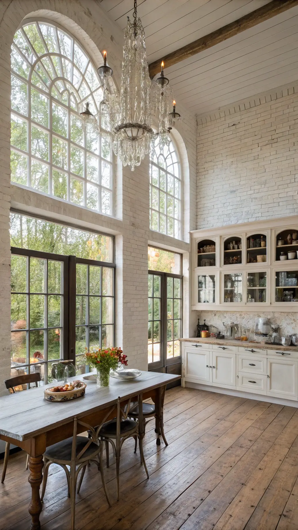 Elegant, double-height kitchen with white-washed brick walls, reclaimed wooden floors, antique accents, and open shelving with vintage enamelware. View of climbing roses through wraparound windows, farmhouse table set under a crystal chandelier, taken from a second floor gallery in dramatic natural light.