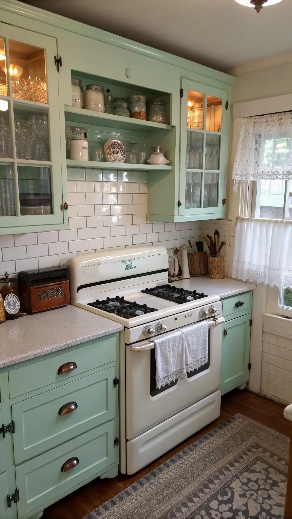 Vintage 1920s compact 9x11ft kitchen with mint green restored stove, white subway tile backsplash, glass-front cabinets with depression glassware, antique breadbox, enamel canisters, lace café curtains, and butcher block island.