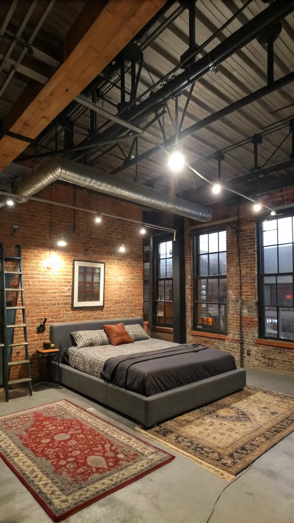 Urban loft attic conversion with exposed brick wall, steel beams, dramatic track lighting, grey upholstered platform bed, industrial shelving with vinyl collection, vintage windows with city views, and vintage Persian rugs on polished concrete floors.