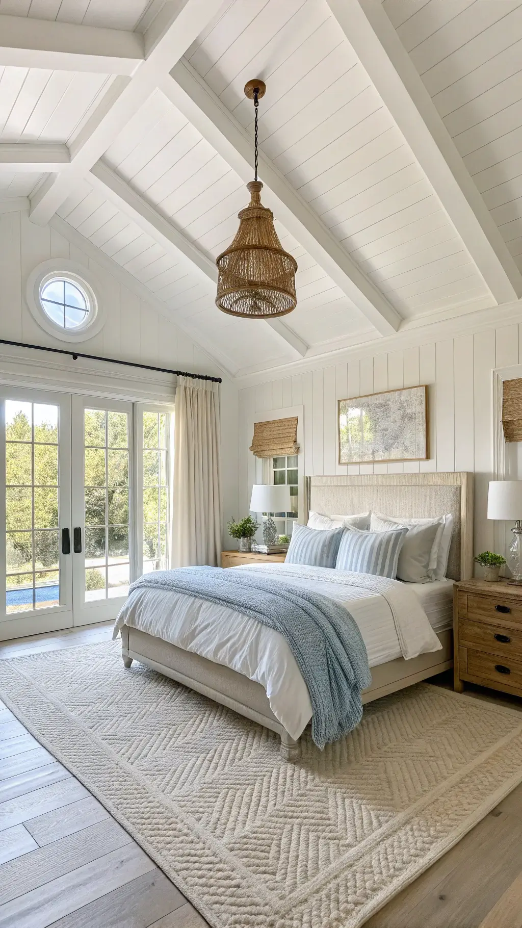 Spacious and serene 16x18ft primary bedroom featuring a California king bed with natural linen wingback headboard, layered white and blue bedding, weathered oak armoire, herringbone sisal rug, and rope-wrapped mirror, bathed in the fresh morning light coming from oversized windows.