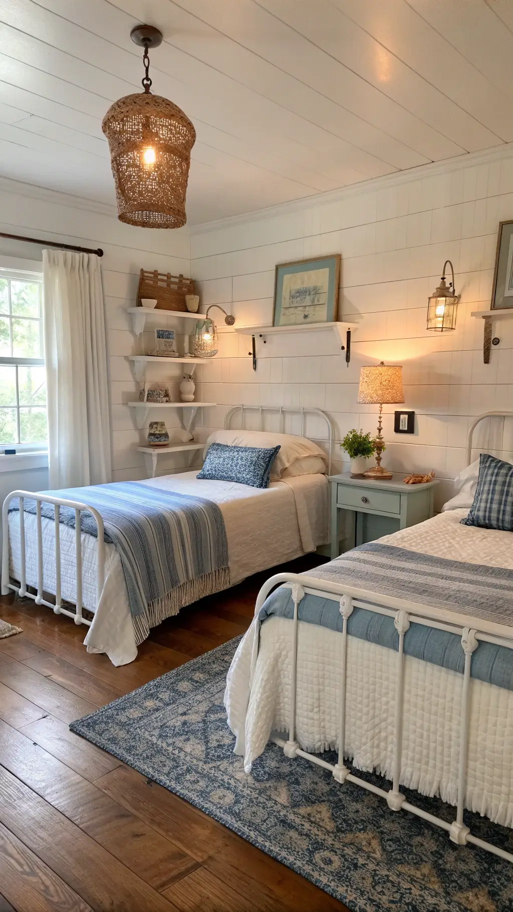 Bright and charming guest bedroom with twin beds, shiplap walls, hardwood floors, and nautical decor captured from doorway.