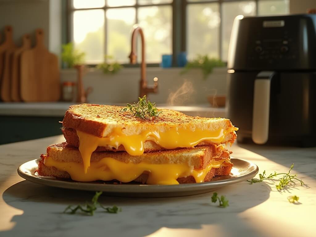 "Grilled cheese sandwich with melted cheese blend on a white plate in a farmhouse kitchen, garnished with herbs, with an air fryer and vintage cutting boards in the background"