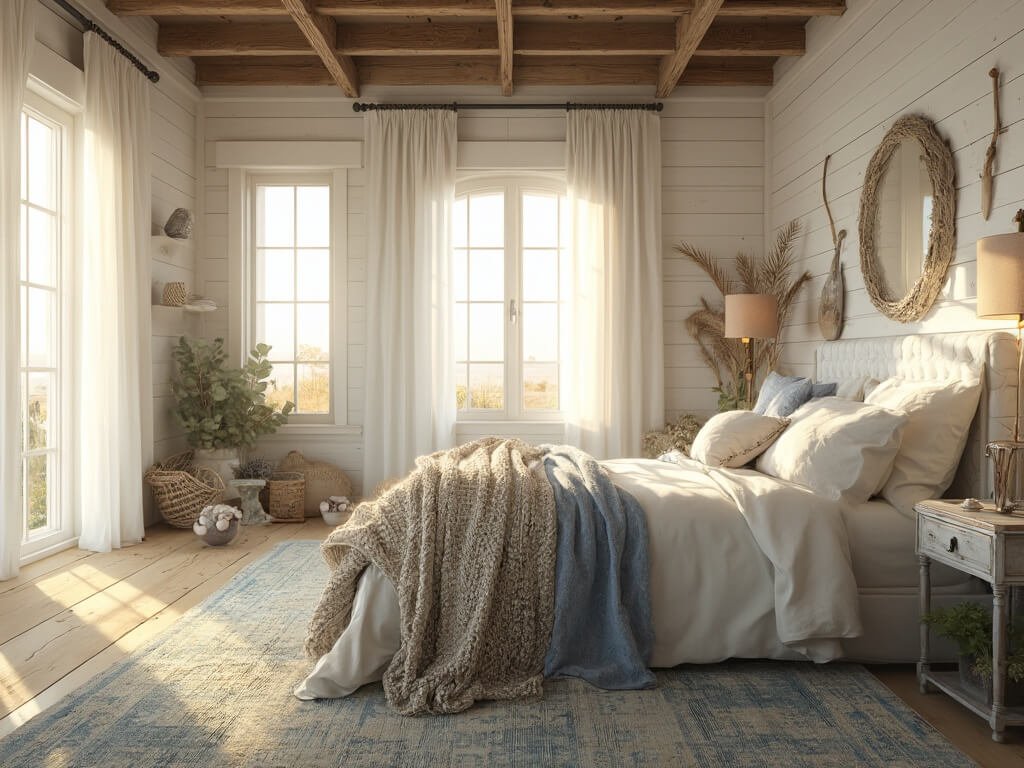 "Sunlit coastal farmhouse bedroom with a king-sized bed, white oak headboard, vintage furnishings, and natural textures"