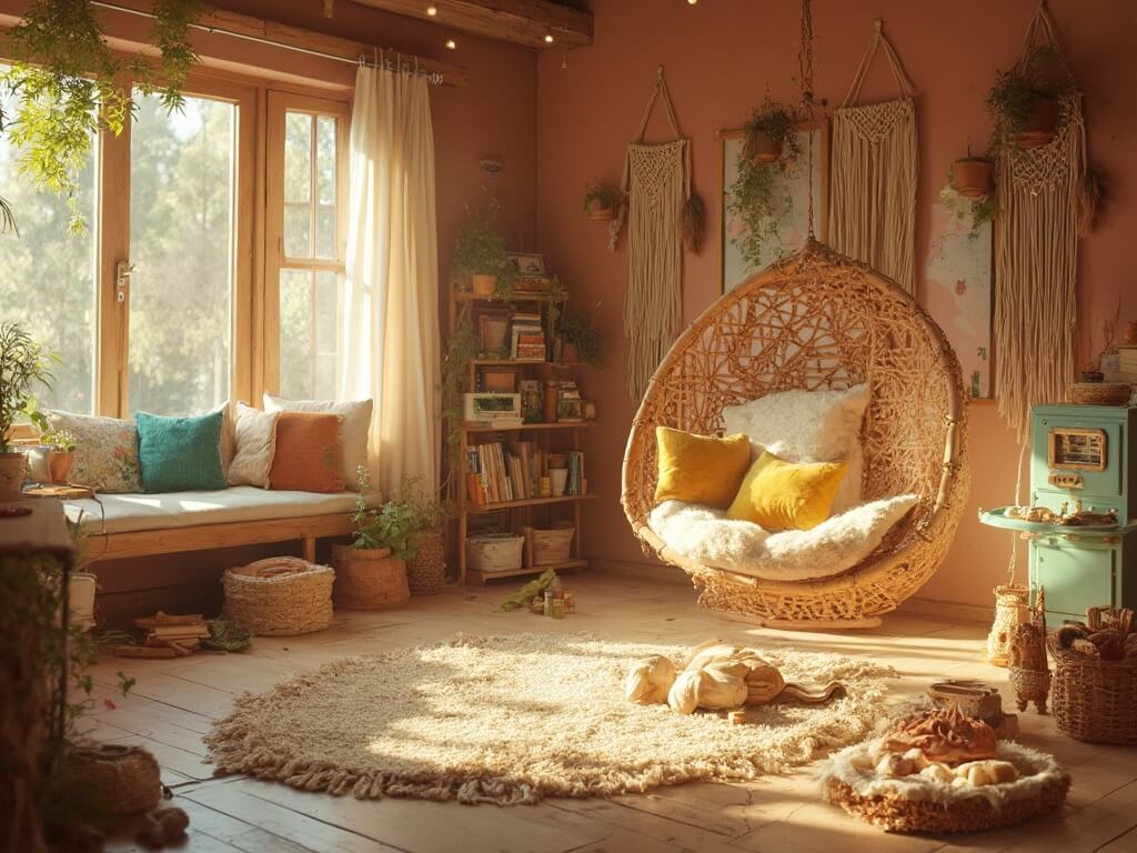 "Boho style kids' playroom with rattan furniture, macrame decorations, and a sunlit teepee"