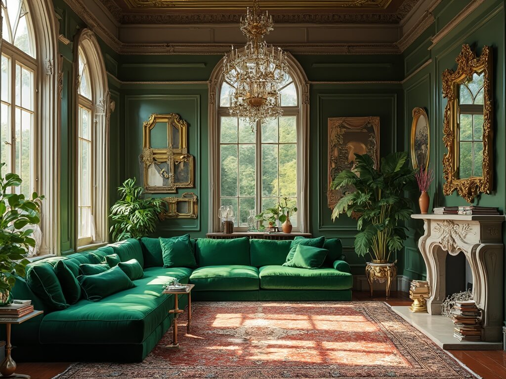 "Sunlit eclectic maximalist living room with emerald green velvet sofa, layered Persian and Turkish rugs, salon-style gallery wall, vintage brass accessories, large monstera plants, and architectural moldings. Taken by a professional interior photographer during golden hour."
