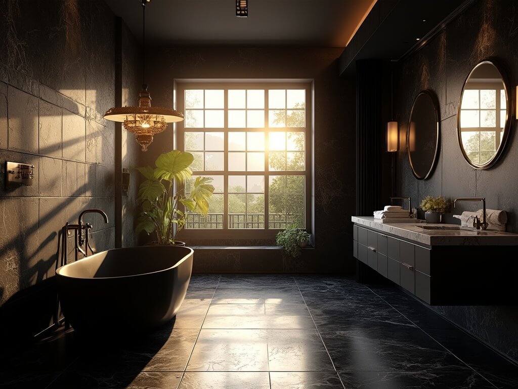 "Luxurious black marble bathroom with brass fixtures during golden hour"