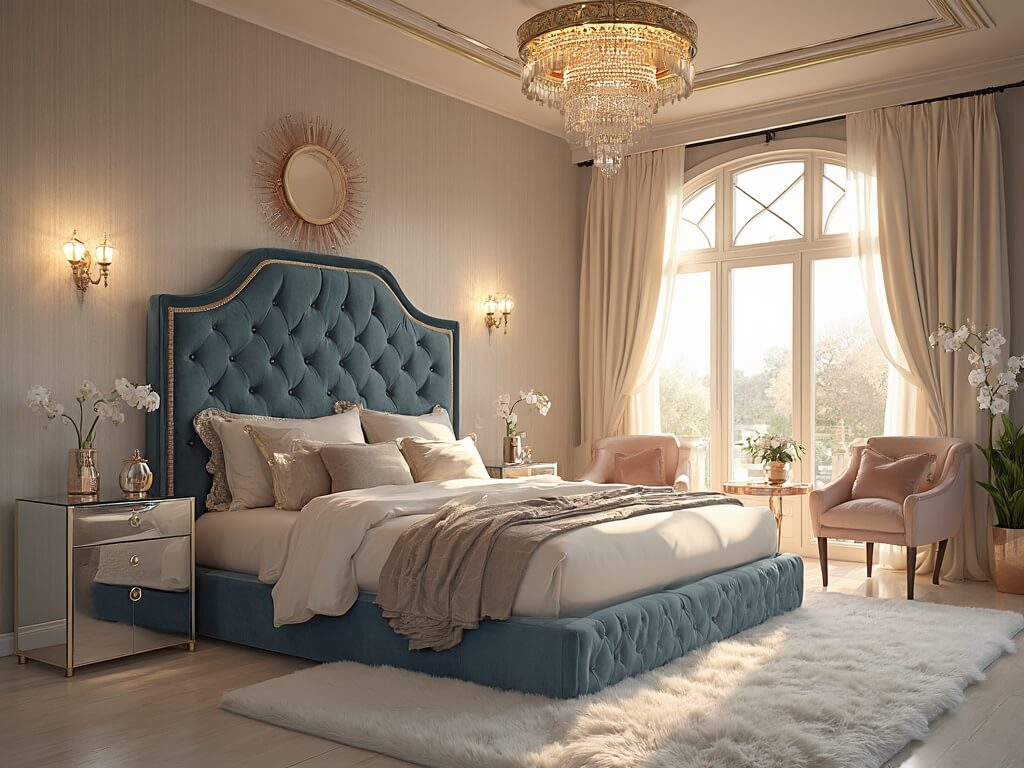 "Luxurious Hollywood Regency style bedroom with sapphire velvet headboard, crystal chandelier, mirrored nightstands, champagne silk bedding and sunburst mirror at golden hour."