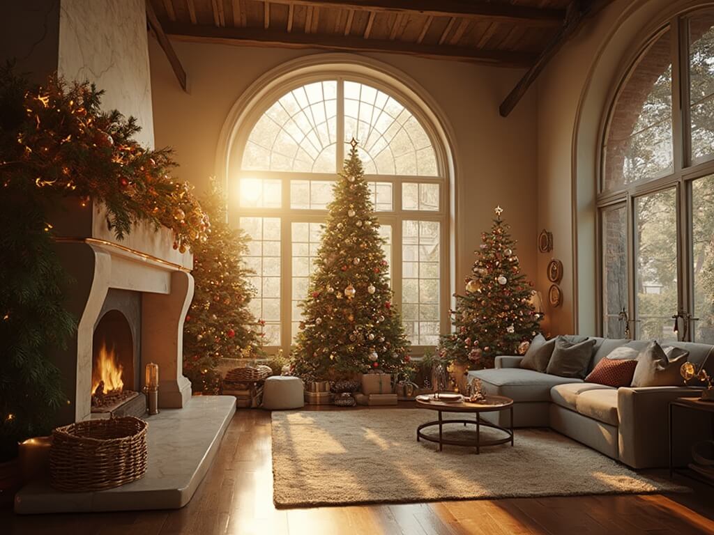 "Majestic Fraser fir Christmas tree with vintage ornaments in a grand living room with sunlight casting warm light, a decorated white marble fireplace, and cathedral ceiling."
