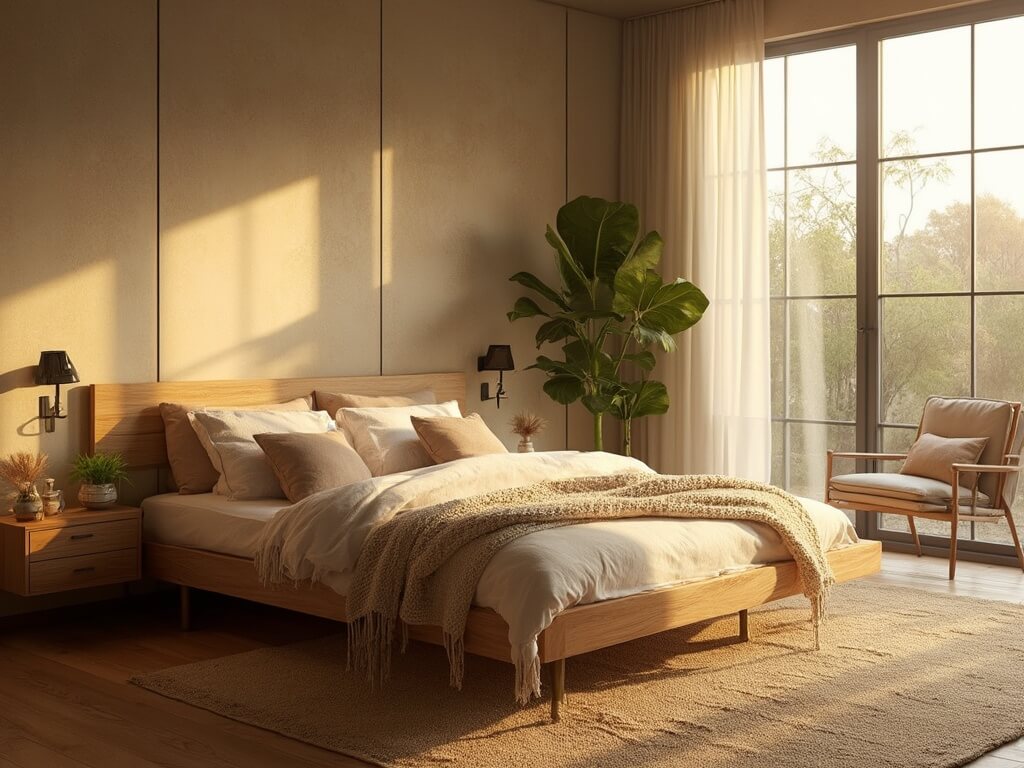 "Modern, serene bedroom with oak furniture, bouclé headboard, and muted earth-toned accessories bathed in golden hour sunlight"