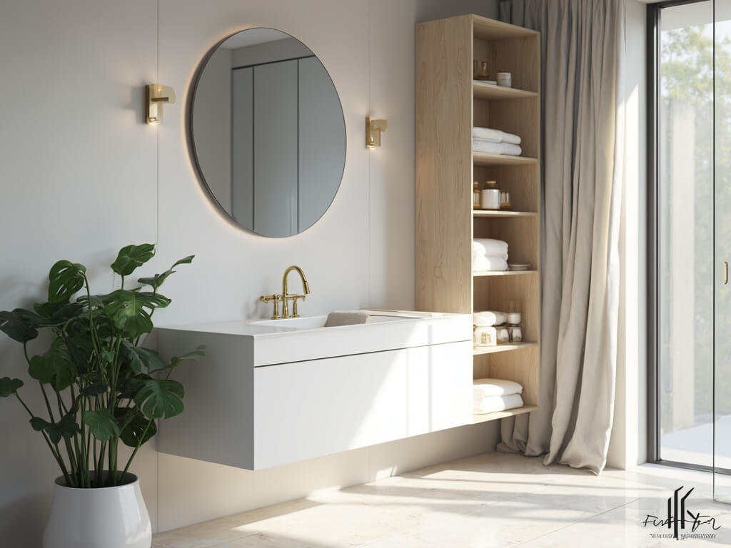"Modern minimalistic bathroom with white vanity, circular mirror, bleached oak shelves, and natural lighting"