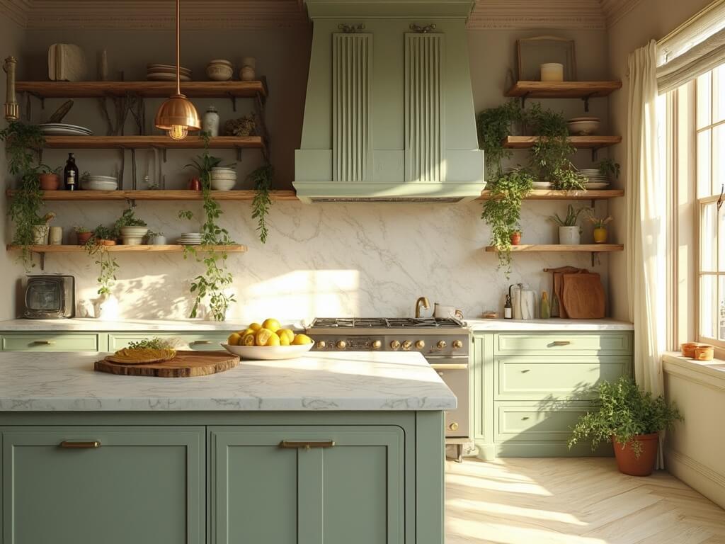 "Modern kitchen with sage green cabinets, marble island, and golden morning light"