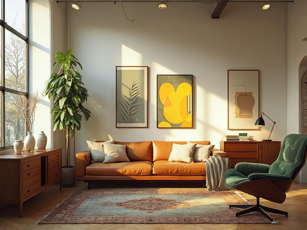 "Vintage modern living room bathed in warm natural light, featuring a mid-century sofa, Eames chair, Persian rug, and a curated gallery wall."
