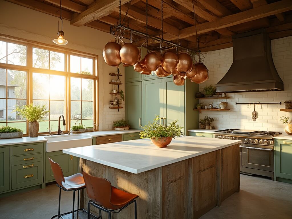 "Rustic modern kitchen bathed in golden hour light, featuring sage green cabinets, reclaimed wood details, and vintage copper pots"