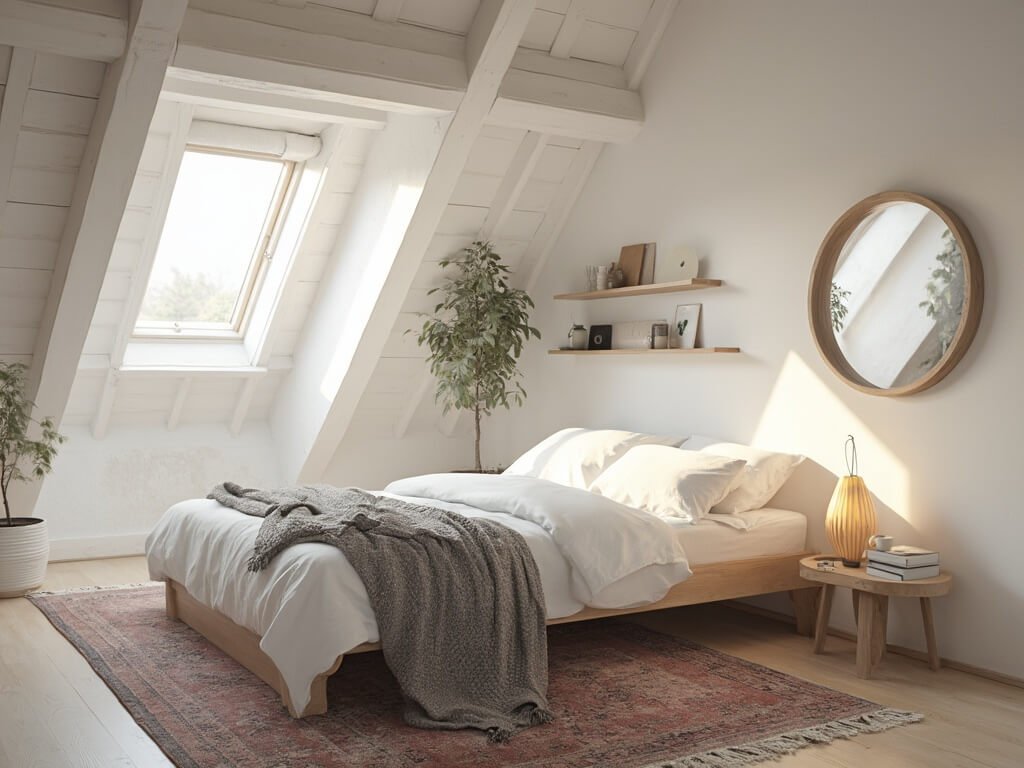 "Scandinavian minimalist attic bedroom with natural light, oak bed, white decor, and vintage Persian rug"