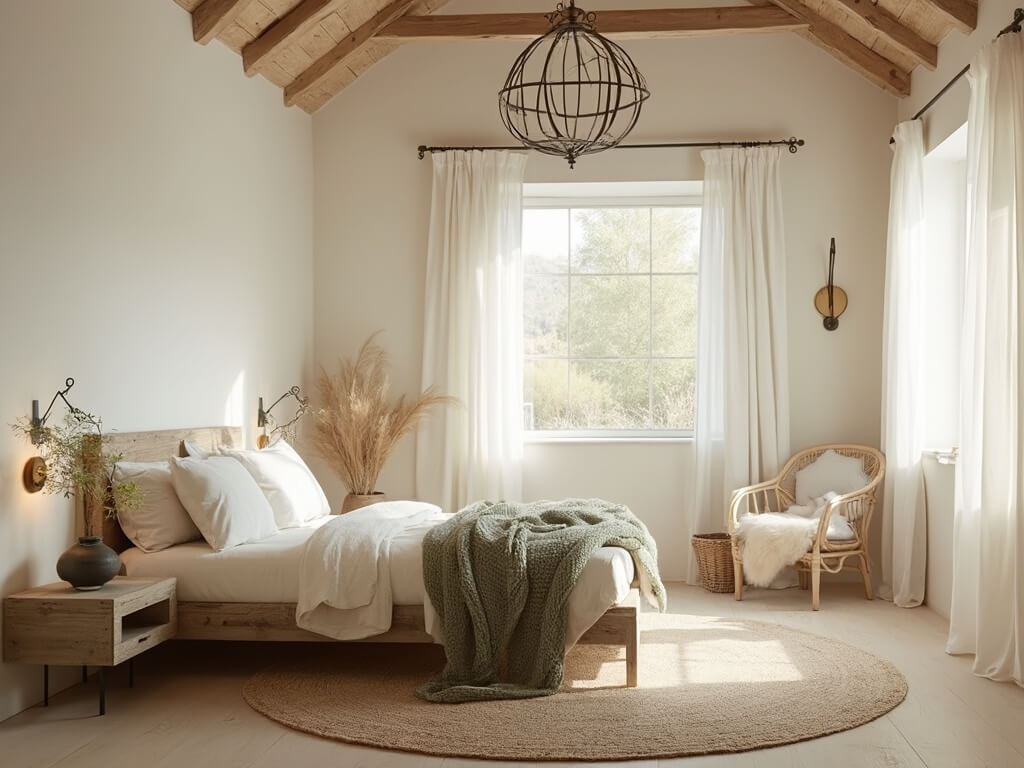 "Serene minimalist cottage bedroom with sunlit linen curtains, king-sized bed, brass details, and muted color palette in architectural digest style."