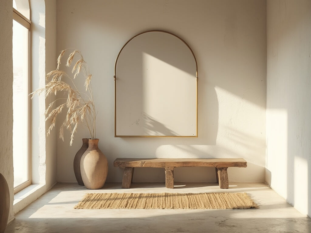 "Minimalist entryway with whitewashed walls, limestone flooring, and weathered oak bench bathed in golden dawn light."