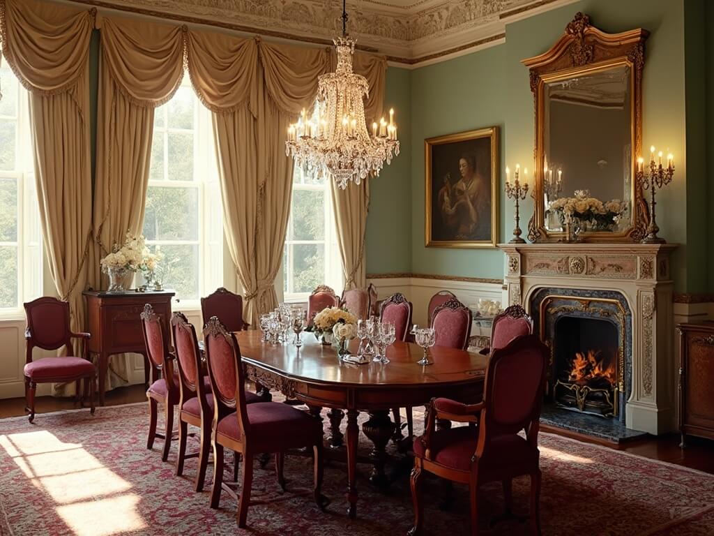 "Victorian dining room with mahogany table, Queen Anne chairs, crystal chandelier, and architectural details in afternoon light"
