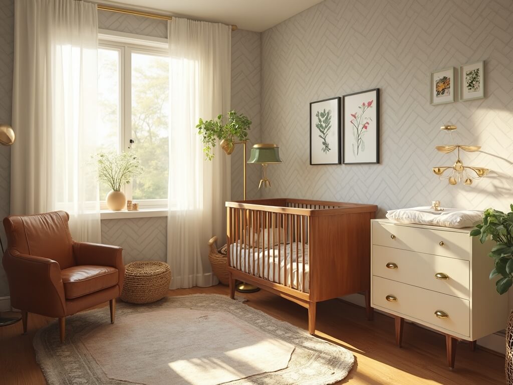 "Mid-century modern nursery with walnut crib, vintage Persian rugs, leather armchair, and brass accents in golden hour sunlight"