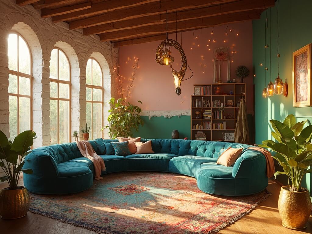 "Cinematic image of a whimsical, sunlit living room with exposed wooden beams, sapphire blue velvet sofa, brass giraffe lamp, and oversized monstera plants in gold planters during golden hour."