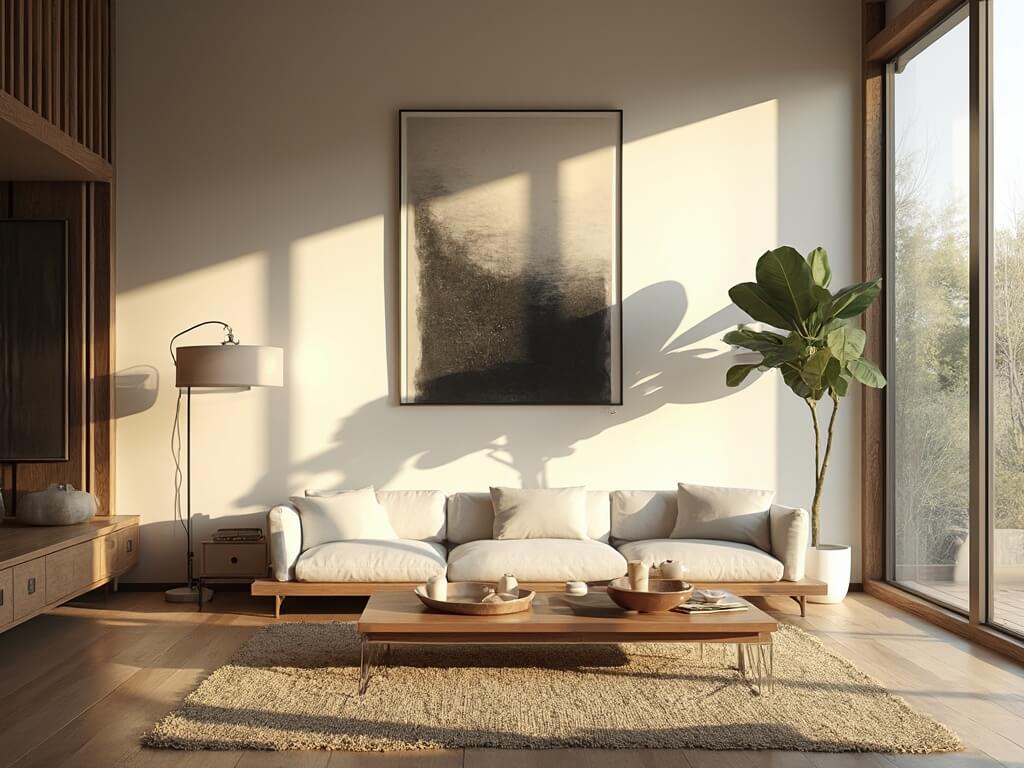 "Elegant Zen-inspired living room with natural elements, minimalist decor and morning sunlight streaming through floor-to-ceiling windows"