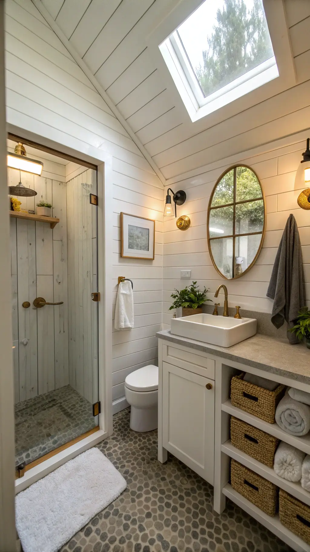Minimalist cabin bathroom with white shiplap walls, corner shower with pebble tile flooring, wall-mounted concrete sink with brass fixtures, storage tower for rolled towels and hanging air plants, photographed at dawn with natural lighting.