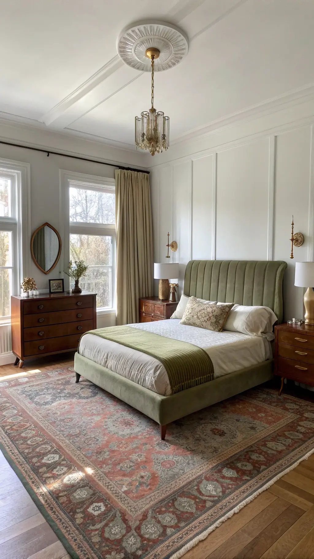 Sunlit vintage modern bedroom with high ceilings, crown molding, a channel-tufted olive green bed, symmetrical walnut nightstands with table lamps, a mid-century modern teak dresser and a Persian rug in rust tones.