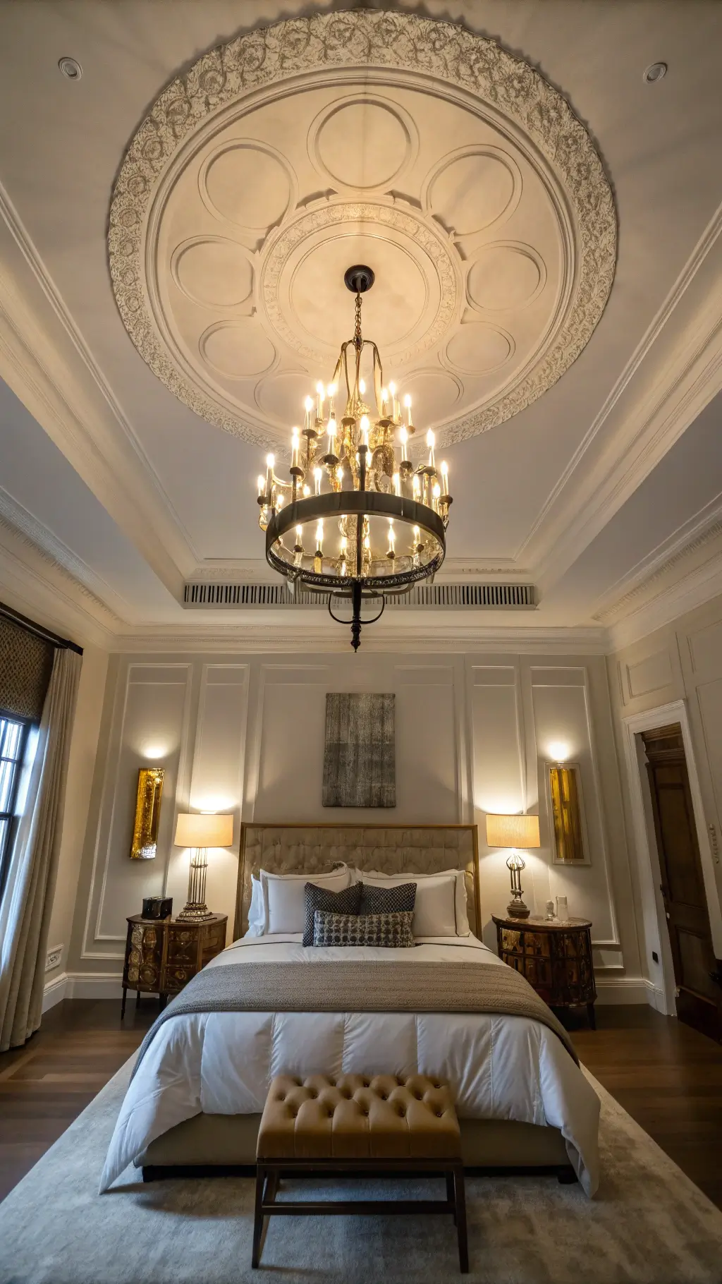 Vintage modern bedroom with 1920s chandelier, restored architectural details, and queen bed viewed from a dramatic ceiling perspective