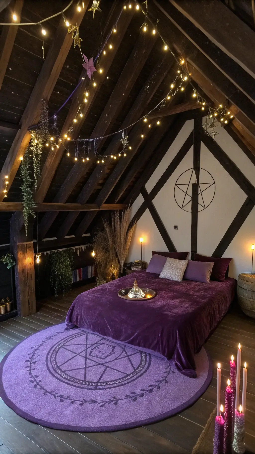Overhead view of a hexagonal witch's bedroom at midnight, featuring beams with purple fairy lights, a circular bed on a protection sigil, dried herbs on copper rods, and black candles creating golden light.
