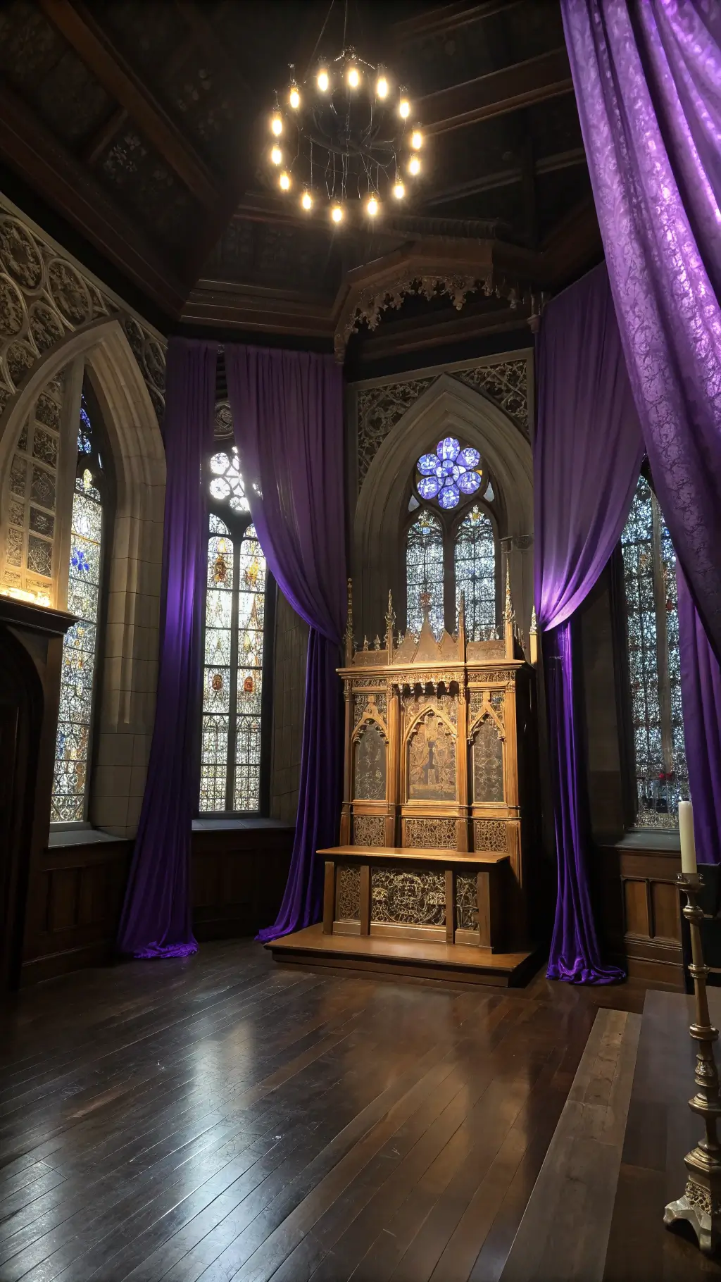 Mystical bedroom at midnight with moonlight illuminating a wooden altar, draped purple silk on hardwood floors, and crystal displays creating a cave-like effect.