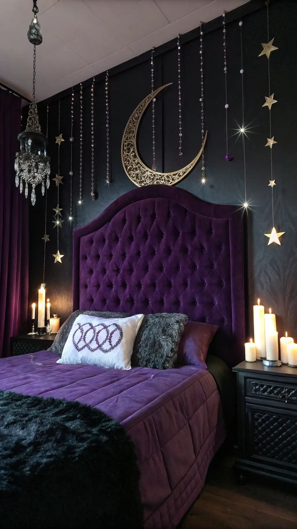 Witch's sleeping chamber with towering purple velvet headboard, moon phase mobile, black candles, and crystal clusters under dramatic lighting and moving shadows.