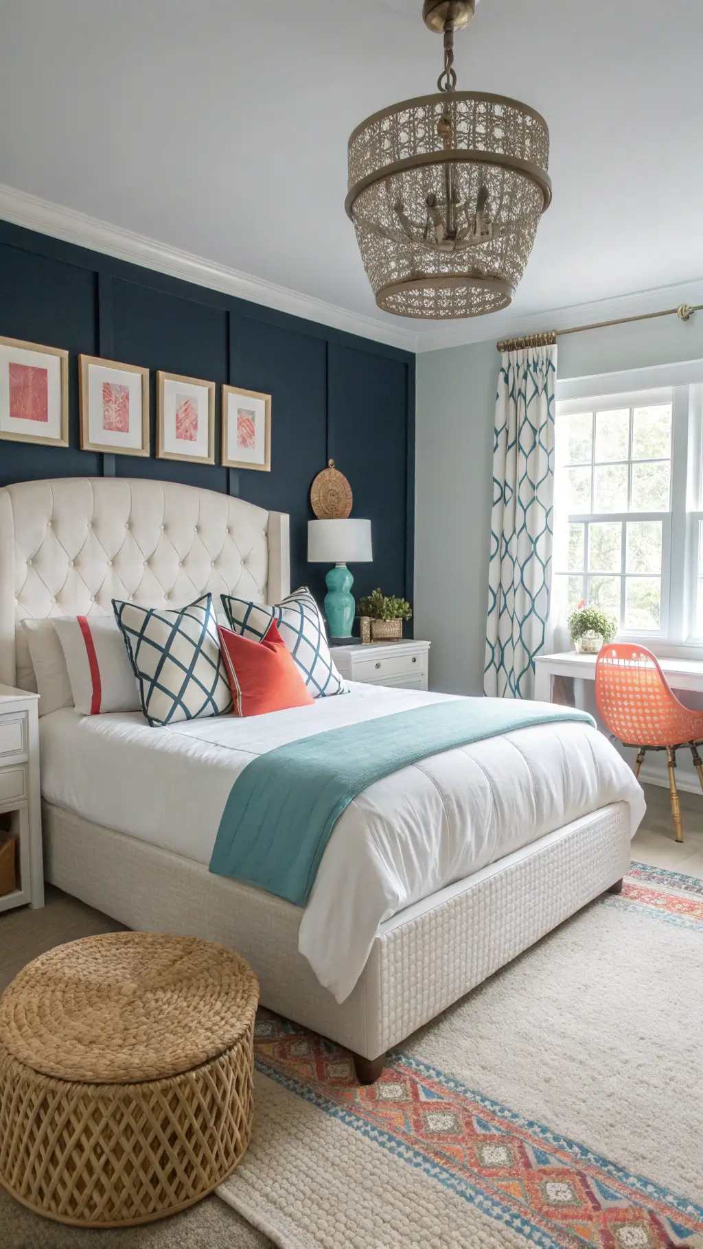 Preppy teen suite with a navy accent wall, white upholstered bed with coral and aqua geometric pillows, seagrass baskets, rattan chair, and crystal chandelier in afternoon light.
