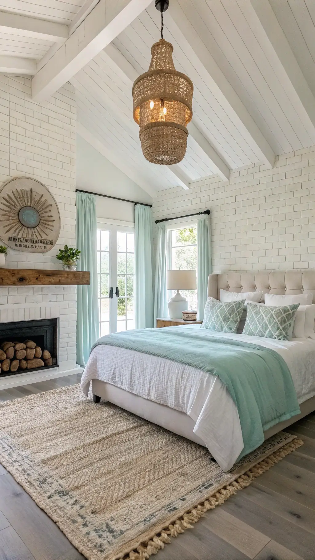 Bright and airy coastal-inspired master bedroom with whitewashed brick fireplace, driftwood mantel, seafoam linen bed, white bedding, jute rug, rattan pendant, and weathered oak floors, bathed in natural light from gossamer draped windows.
