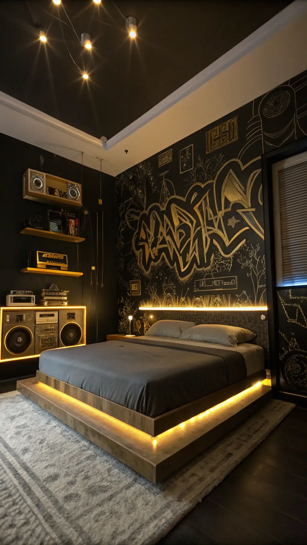 Luxurious and dramatic 14x16ft bedroom with black walls adorned with metallic gold graffiti, LED-lit platform bed, vintage boomboxes on floating shelves and modern smart home technology, photographed in low-light to emphasize LED lighting, embodying an underground club aesthetic.