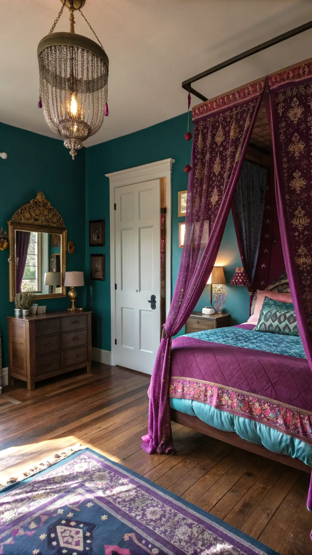 Sunrise-lit boho bedroom with deep teal walls, wooden floors, canopy bed draped with purple and pink vintage sari fabrics, brass mirrors, and Moroccan wedding blanket in a diagonal view, shot at f/3.5 focusing on textile details.