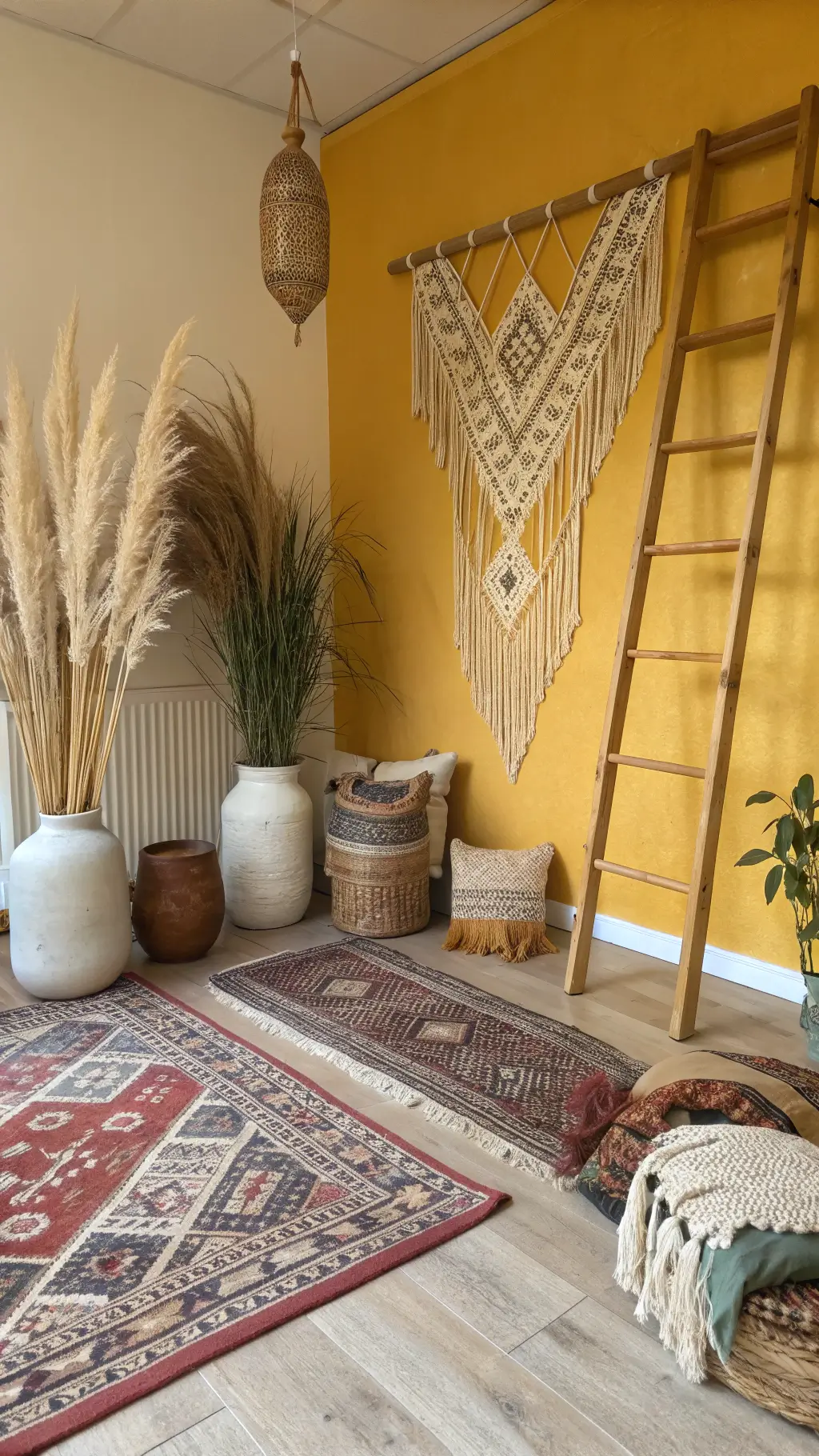 Eclectic boho space with mustard yellow accent wall, macramé headboard, vintage rugs, ceramic vessels, dried pampas grass, wooden ladder with textiles, captured in afternoon light through bamboo blinds.