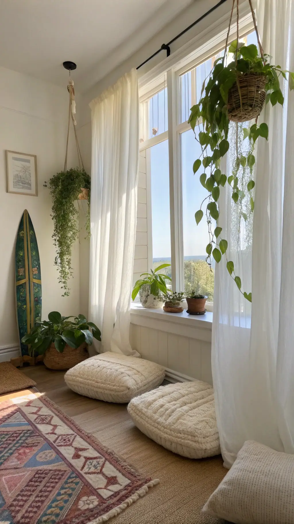 Bohemian beach hideaway with floor-to-ceiling white linen drapes, meditation corner with hemp and wool floor cushions, macramé plant hangers with pothos and air plants, and a vintage surfboard in the corner.
