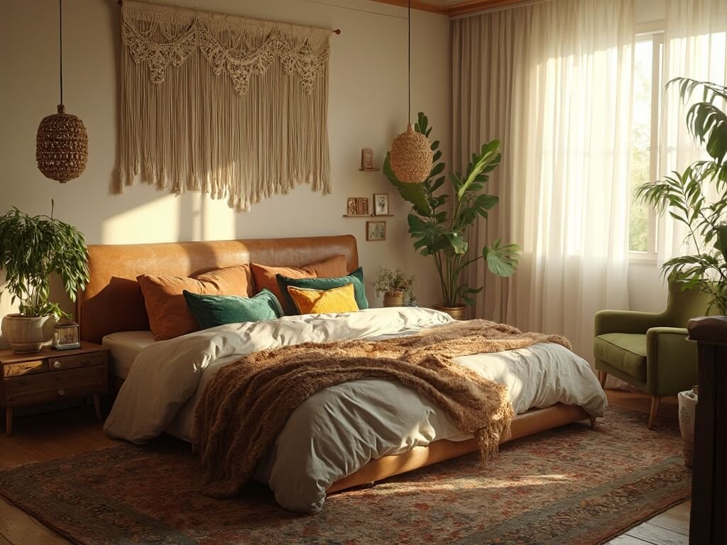 "Boho bedroom with earthy jewel tones featuring layered textiles, weathered leather headboard, vintage Persian rug, macramé wall art, rattan lamp, velvet accent chair, and plant décor in a sunlit setting."