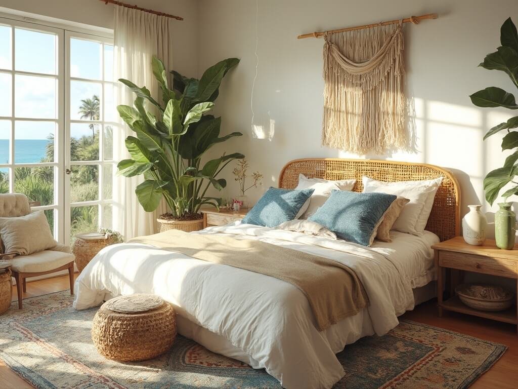 "Boho coastal bedroom sanctuary with king-size bed, white linen bedding, rattan headboard, oversized macramé hangings, potted plants, sheer curtains, Turkish rug, brass accents, ceramic vessels, and a peacock chair in soft natural lighting."