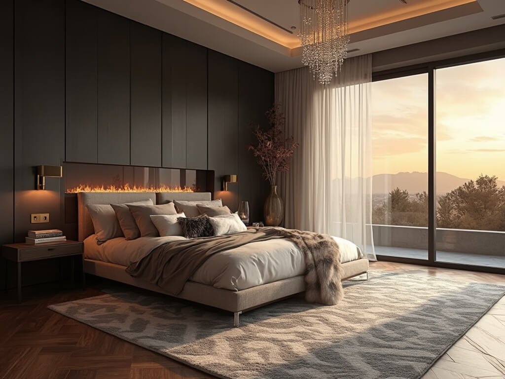 "Luxurious master bedroom with gas fireplace, plush king-size bed, walnut herringbone flooring, and floor-to-ceiling windows at sunset, styled in a modern ambiance"